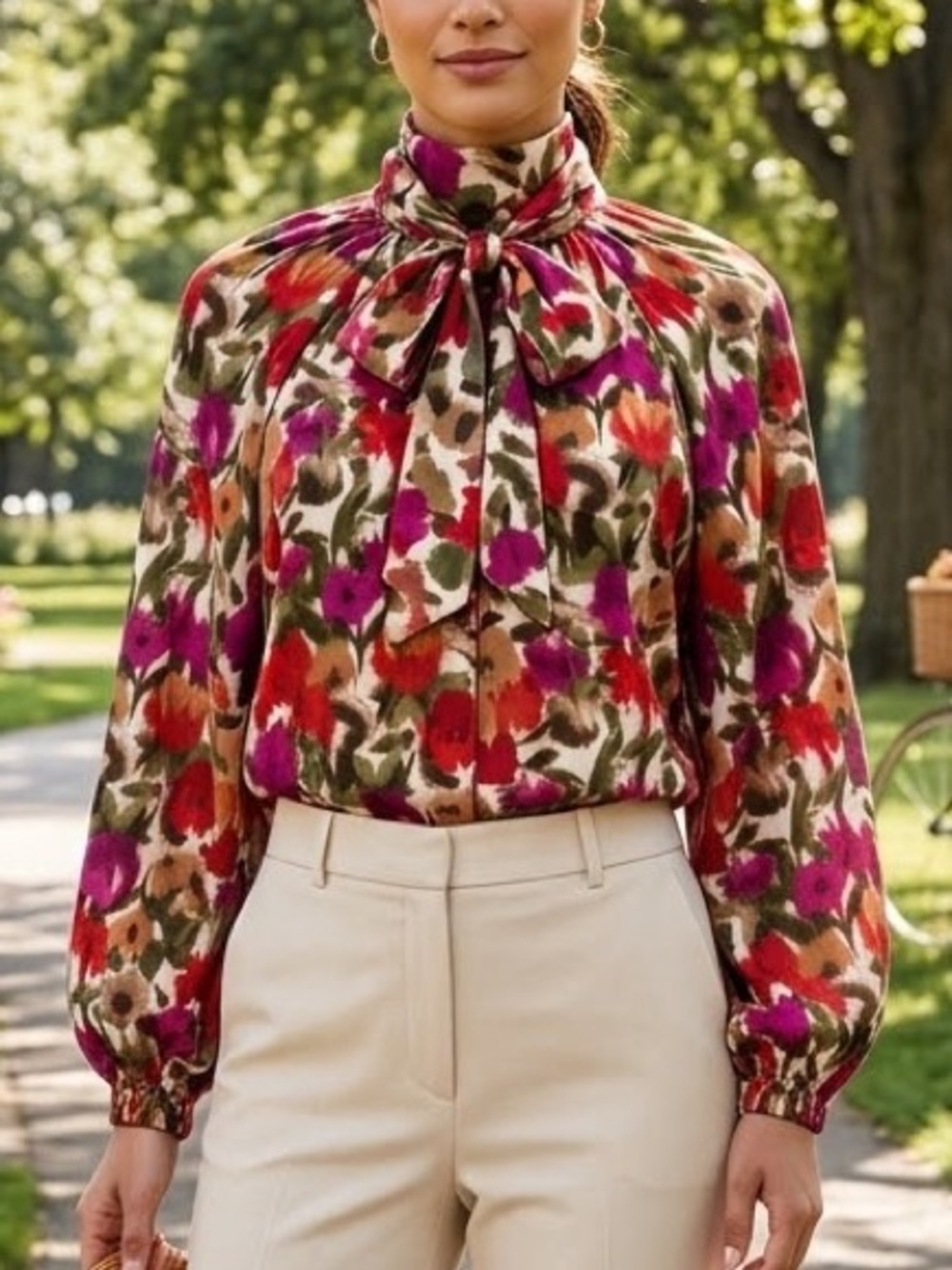 2 Hearts Floral Watercolor Long Sleeve Peasant Blouse Ladies Medium